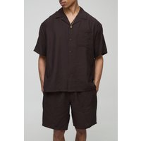 Oversize Viskose-Hemd & lockere Shorts in Knitteroptik - Braun - XS, Braun von boohooman