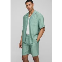 Oversize Viskose-Hemd & lockere Shorts in Knitteroptik - Grün - XL, Grün von boohooman