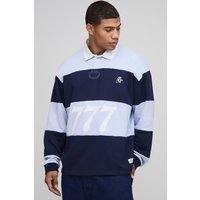 Oversize Rugby-Poloshirt mit Streifen - Blau - L, Blau von boohooman