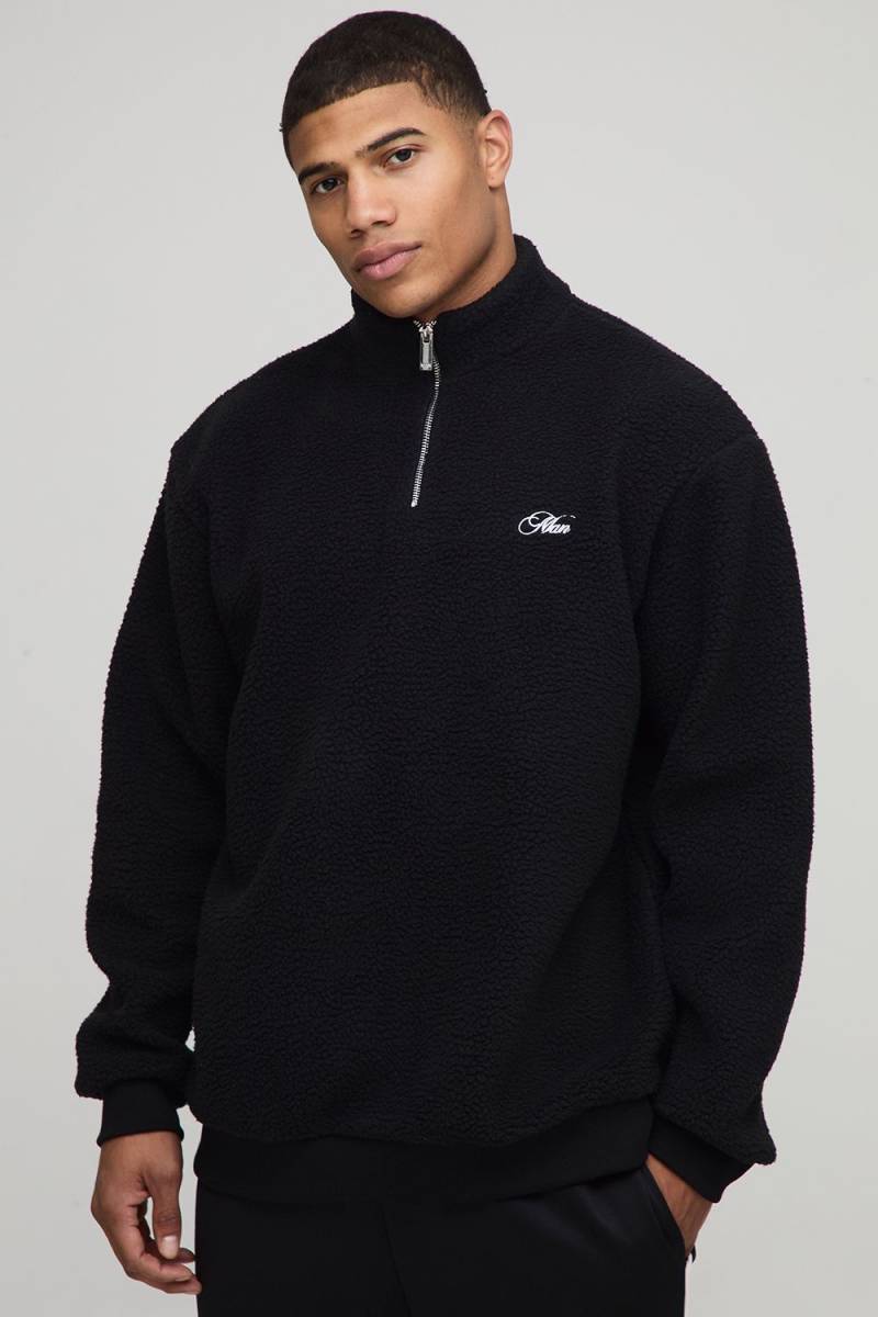 Oversized Borg Man Script Embroidered Quarter Zip Sweatshirt - Schwarz - XS, Schwarz von boohooman
