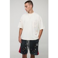 Oversized Boxy Atelier Washed Paint Splatter T-Shirt & Short Set - Ecru - M, Ecru Oversized Boxy Atelier Washed Paint Splatter T-Shirt & Short Set - Ecru - M, Ecru von boohooman
