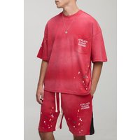 Oversized Boxy Atelier Washed Paint Splatter T-Shirt & Short Set - Rot - M, Rot Oversized Boxy Atelier Washed Paint Splatter T-Shirt & Short Set - Rot - M, Rot von boohooman