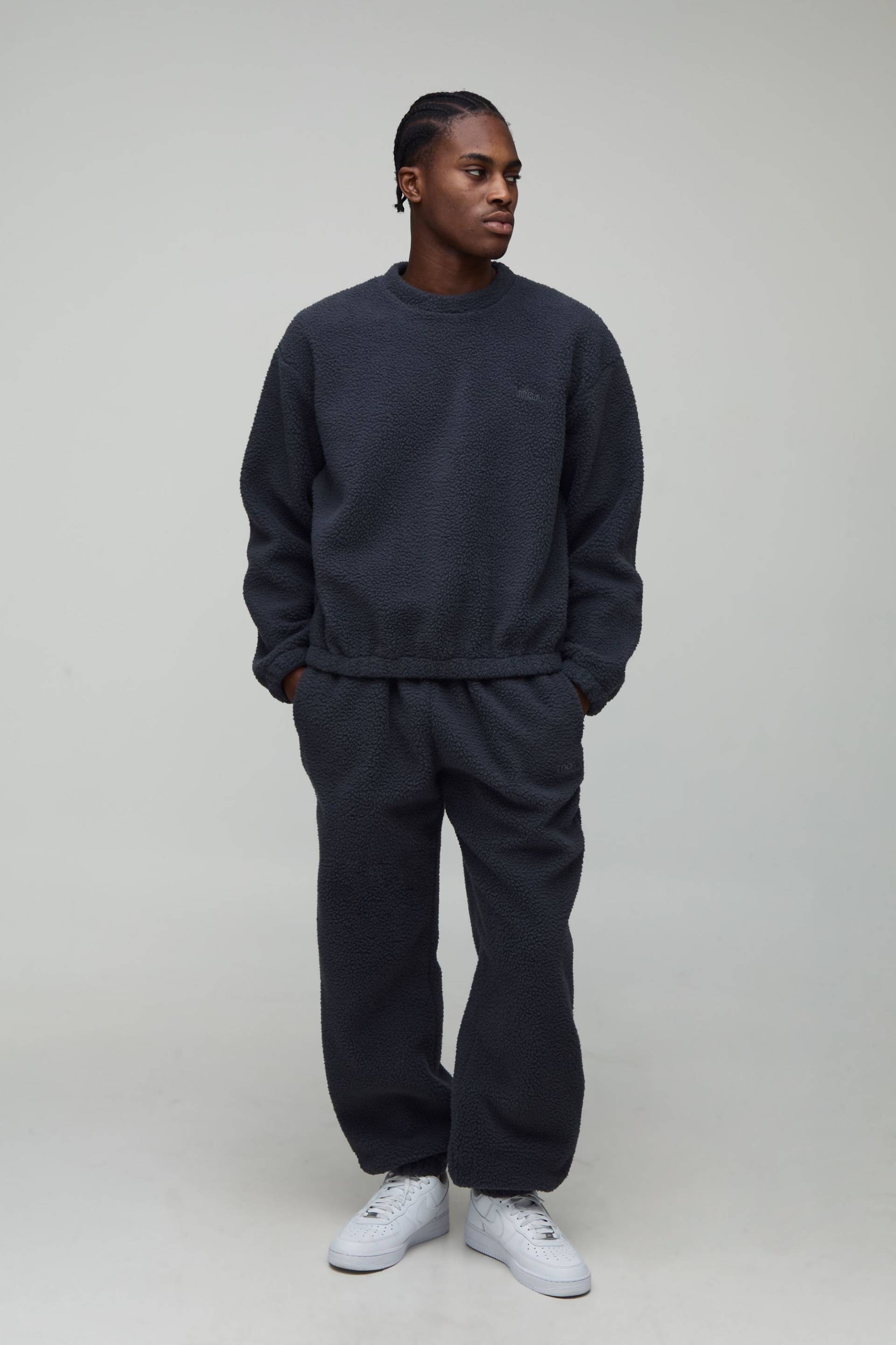 Kastige Oversize Man Borg-Sweatshirt Besticktes Sweatshirt - Grau - M, Grau von boohooman