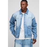 Kastige Oversize Cargo-Jeansjacke mit Farbspritzern - Blau - L, Blau von boohooman