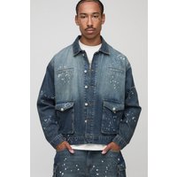 Kastige Oversize Cargo-Jeansjacke mit Farbspritzern - Blau - S, Blau von boohooman