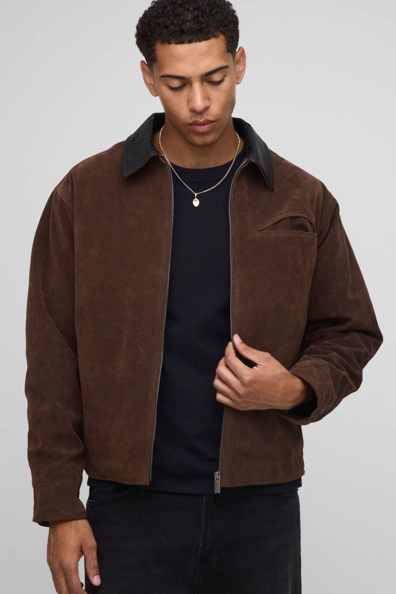 Kastige Oversize Harrington-Jacke aus Wildleder-Imitat mit Kontrast-Kragen - Braun - XL, Braun Kastige Oversize Harrington-Jacke aus Wildleder-Imitat mit Kontrast-Kragen - Braun - XL, Braun von boohooman