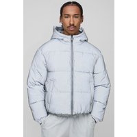 Kastige Oversize Steppjacke in Knitteroptik mit reflektierendem Print und Kapuze - Grau - M, Grau von boohooman