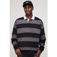 Langärmliges kastiges zerrissenes Oversize Rugby-Poloshirt - Schwarz - S, Schwarz von boohooman