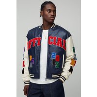 Kastige Oversize PU-Bomberjacke mit Official-Applikation - Blau - M, Blau von boohooman