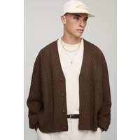 Oversized Boxy Fit Mixed Cable Knitted Cardigan - Braun - M, Braun von boohooman