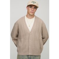 Oversized Boxy Fit Mixed Cable Knitted Cardigan - Grau - L, Grau von boohooman