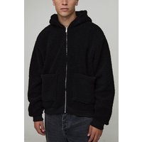 Oversized Boxy Fluffy Borg Zip Through Pocket Hoodie - Schwarz - XS, Schwarz von boohooman