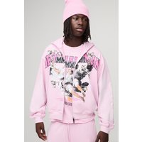Hoodie mit Glitzer Print und Reißverschluss - Rosa - XS, Rosa von boohooman