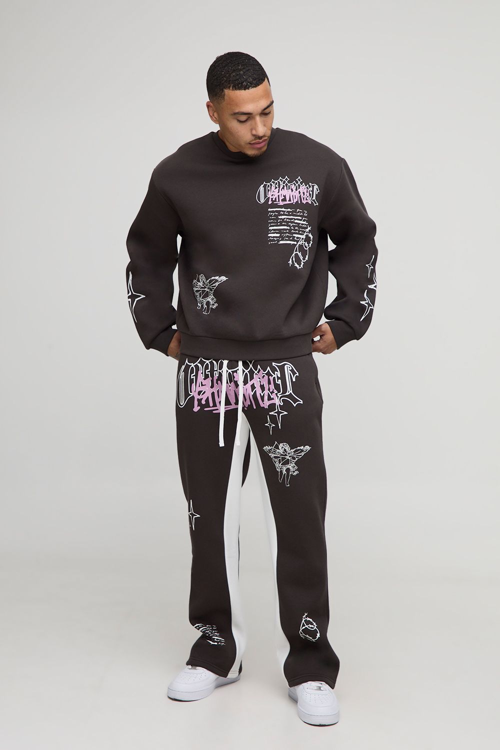 Kastiges Oversize Sweatshirt mit Graffiti-Print & Jogginghose - Braun - M, Braun von boohooman