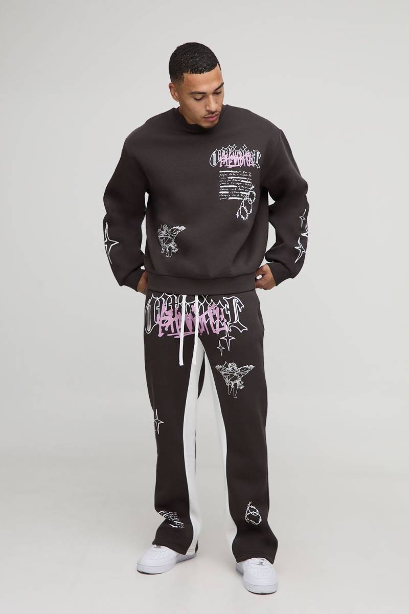 Kastiges Oversize Sweatshirt mit Graffiti-Print & Jogginghose - Braun - M, Braun von boohooman