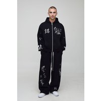 Kastiger Oversize Hoodie mit Graffiti-Print und Reißverschluss & Jogginghose mit weitem Bein - Schwarz - XS, Schwarz von boohooman