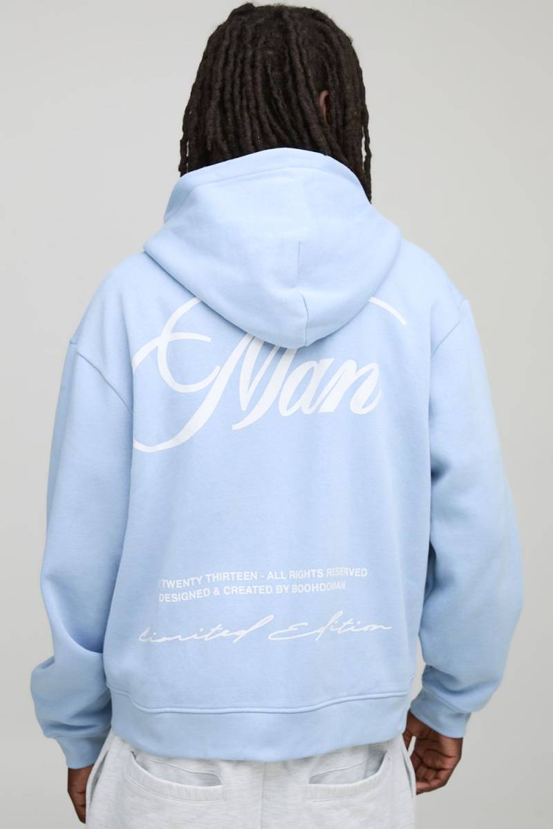 Oversized Boxy MAN Script Embroidered Zip Through Hoodie - Blau - XL, Blau von boohooman