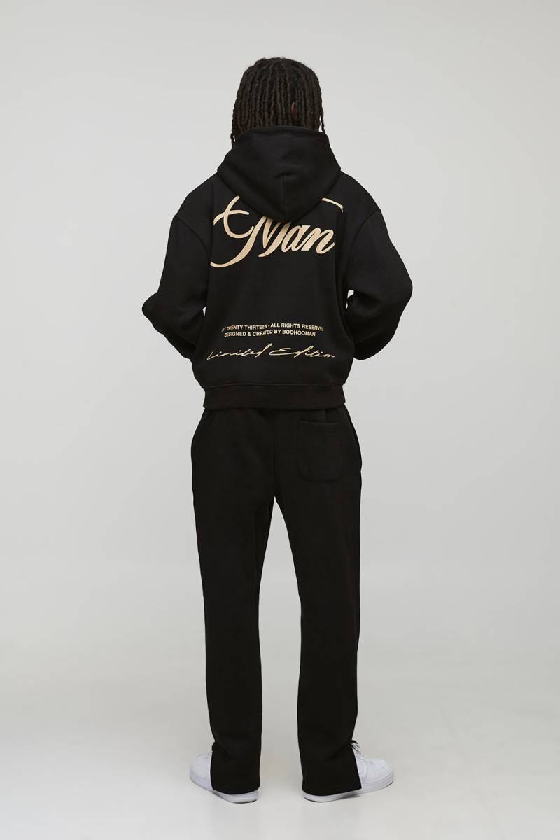 Oversized Boxy MAN Script Embroidered Zip Through Hoodie Tracksuit - Schwarz - L, Schwarz von boohooman