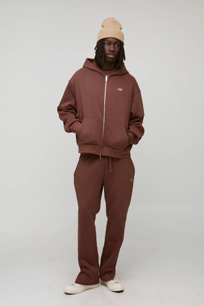 Oversized Boxy MAN Script Embroidered Zip Through Hoodie Tracksuit von boohooman