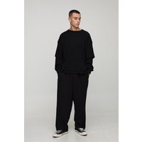 Oversized Boxy MAN Script Faux Layer Waffle T-shirt and Balloon Jogger Set - Schwarz - L, Schwarz von boohooman