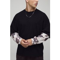 Kastiges Oversize T-Shirt in Waffeloptik mit Man-Stickerei - Schwarz - L, Schwarz von boohooman