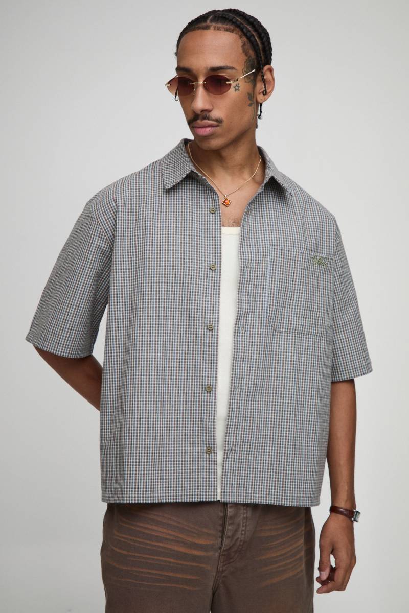 Kastiges Oversize Karohemd mit Man-Stickerei - Khaki - L, Khaki von boohooman