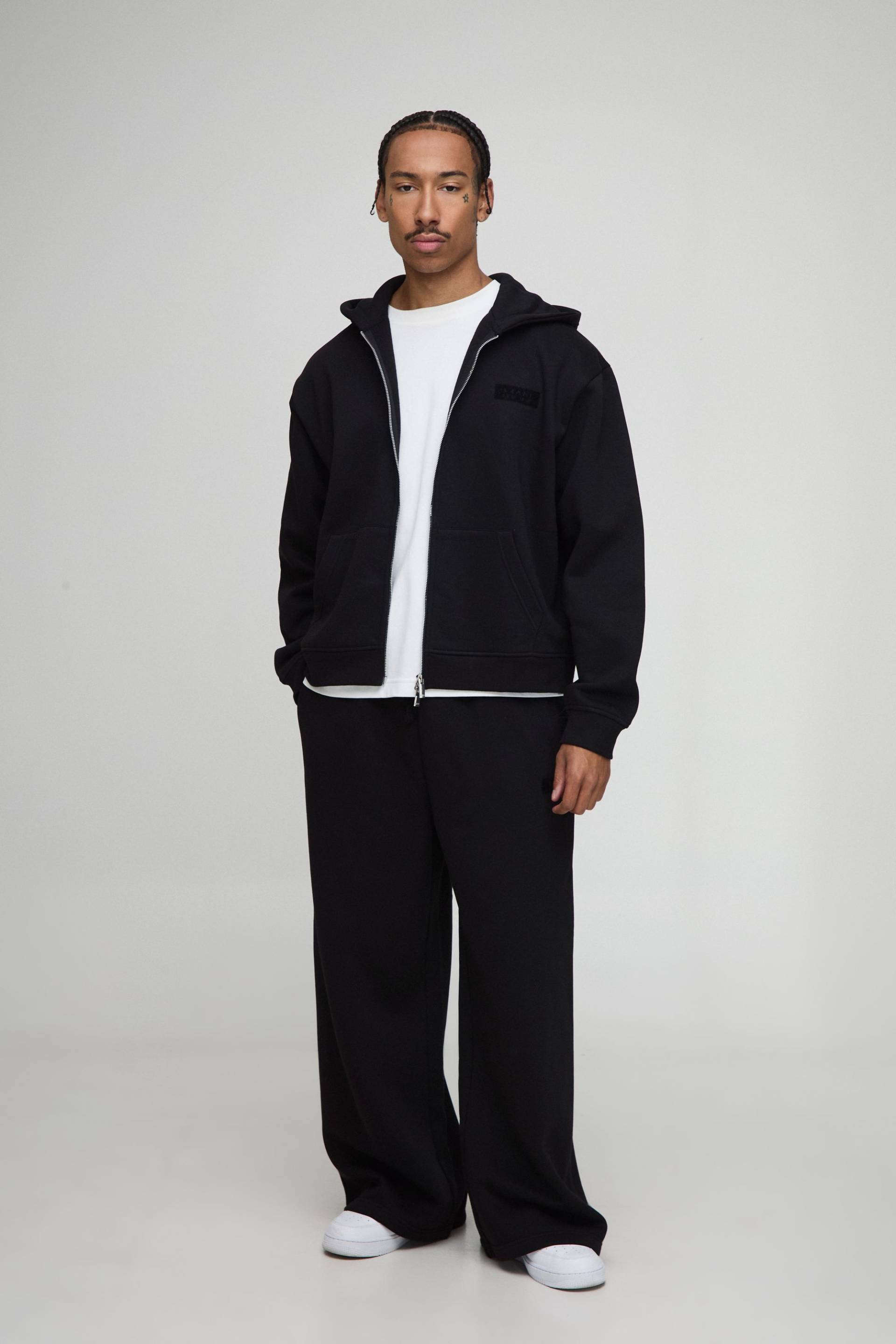 Oversized Boxy Man Hooded Zip Through Wide Leg Tracksuit - Schwarz - S, Schwarz von boohooman