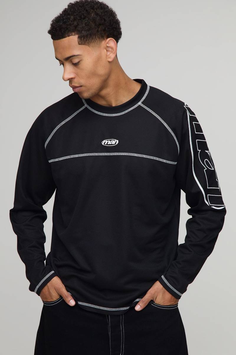 Langärmliges kastiges Oversize Man Raglan Mesh T-Shirt - Schwarz - S, Schwarz von boohooman