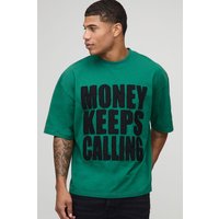 Oversized Boxy Money Slogan Distressed Applique T-Shirt - Grün - S, Grün von boohooman