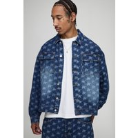 Oversized Boxy Monogram Washed Denim Jacket - Blau - L, Blau von boohooman