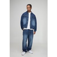 Oversized Boxy Monogram Washed Denim Jacket - Blau - L, Blau von boohooman