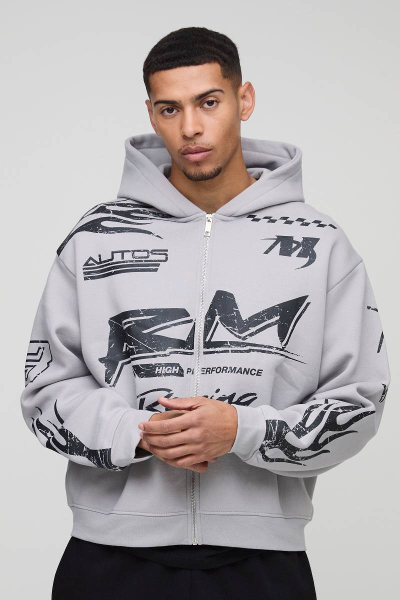 Kastiger Oversize Hoodie mit Moto Racing Flammen Print und Reißverschluss - Grau - XL, Grau von boohooman