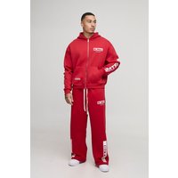 Kastiger Oversize Moto-Hoodie mit Reißverschluss & Jogginghose mit weitem Bein - Rot - M, Rot von boohooman