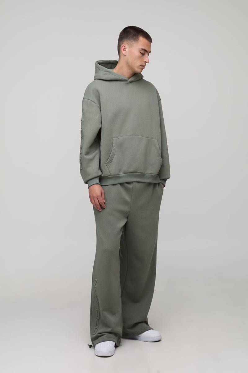 Oversized Boxy Ofclman Embossed Wide Leg Tie Cuff Tracksuit - Grau - XL, Grau von boohooman
