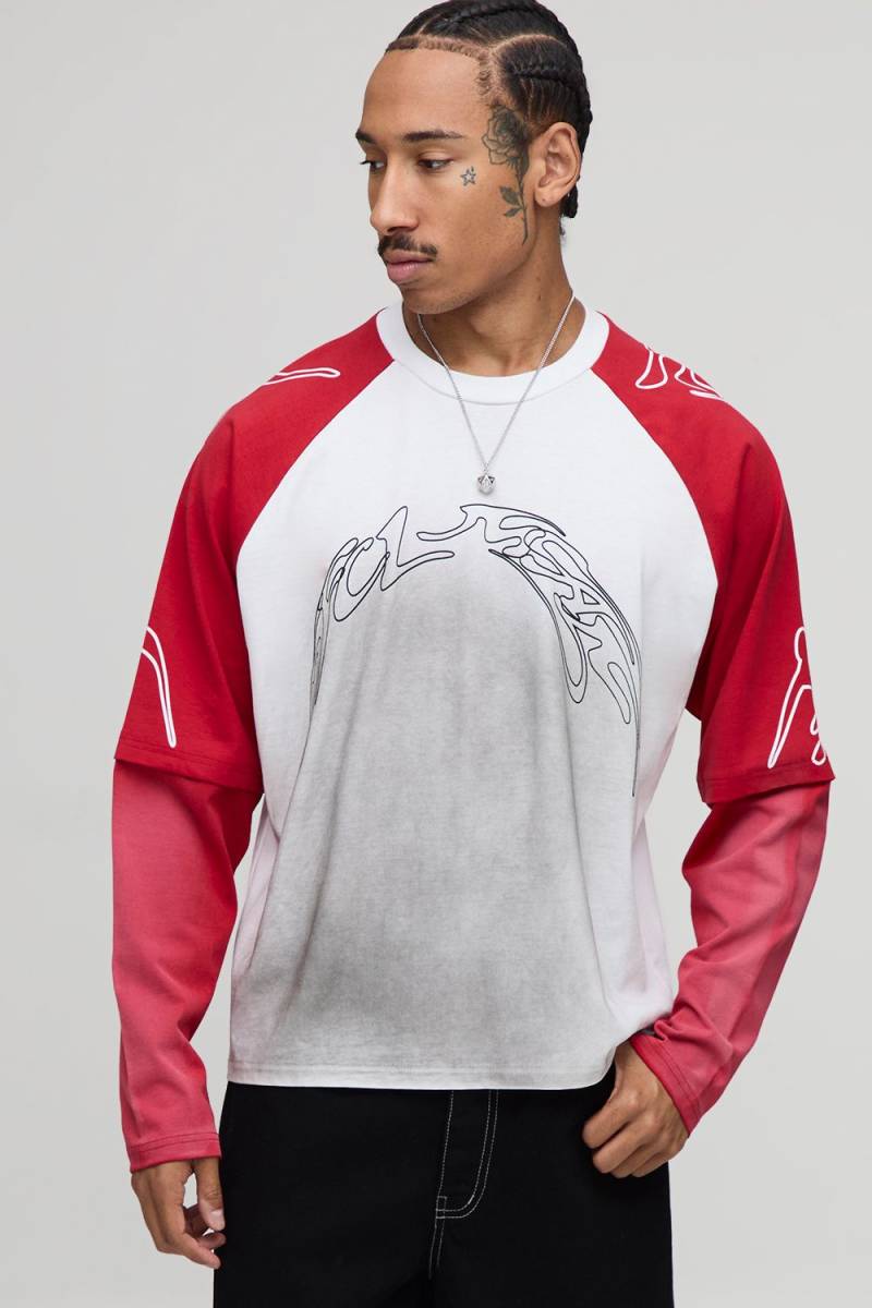 Kastiges Oversize T-Shirt mit Raglan-Print - Rot - M, Rot von boohooman