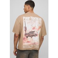 Kastiges Oversize T-Shirt mit rohem Saum und Western-Print - Khaki - L, Khaki von boohooman