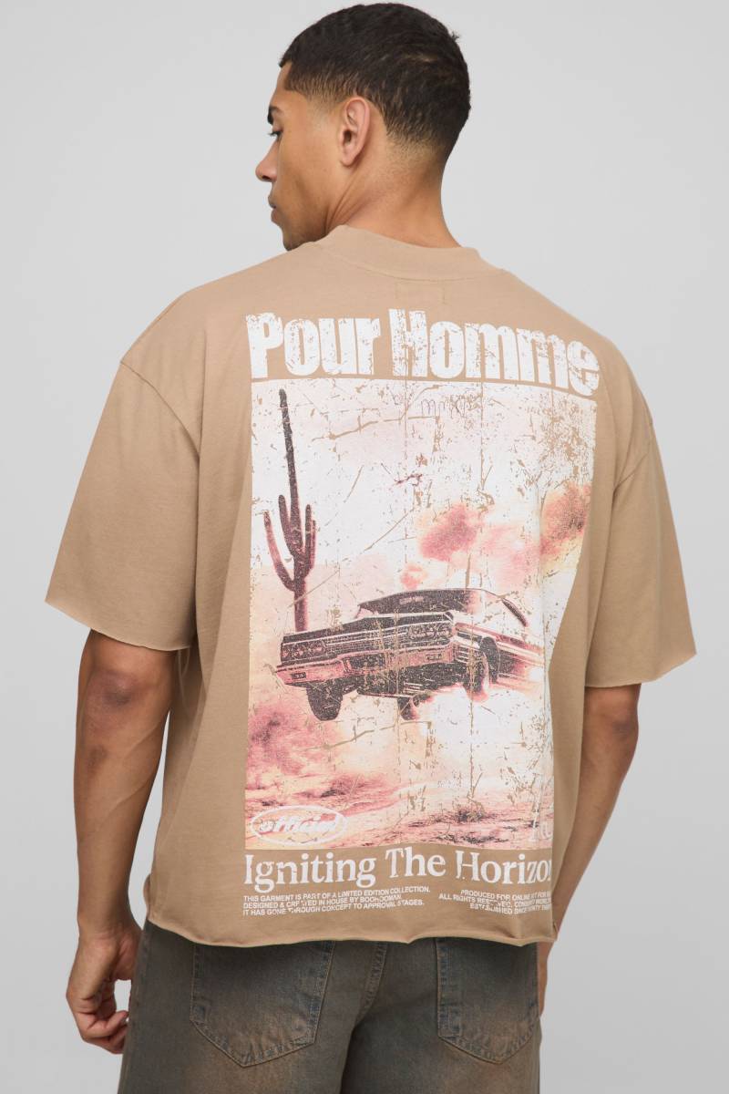 Kastiges Oversize T-Shirt mit rohem Saum und Western-Print - Khaki - M, Khaki von boohooman