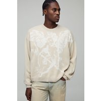 Kastiger Oversize Jacquard-Pullover mit Renaissance-Print - Ecru - XL, Ecru von boohooman