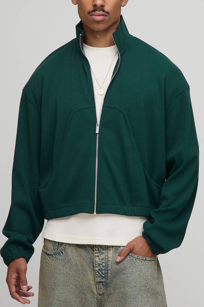 Kastiges geripptes Oversize Jersey-Oberteil mit Trichterkragen - Grün - L, Grün von boohooman