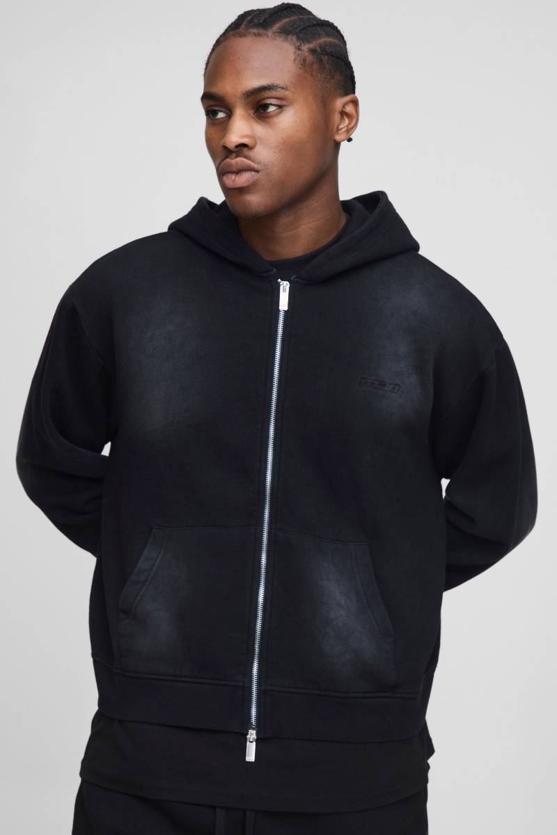 Kastiger Oversize Hoodie mit Spray-Waschung und Man-Stickerei - Schwarz - XS, Schwarz Kastiger Oversize Hoodie mit Spray-Waschung und Man-Stickerei - Schwarz - XS, Schwarz von boohooman