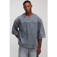 Kastiges Oversize Denim Hockey T-Shirt mit V-Ausschnitt - Grau - L, Grau von boohooman