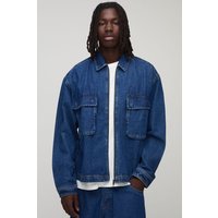 Oversized Boxy Washed Cargo Denim Jacket - Blau - XL, Blau von boohooman