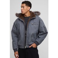 Oversized Boxy Zip Detail Faux Fur Hooded Twill Bomber Jacket - Grau - XS, Grau von boohooman