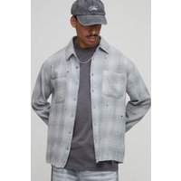 Oversized Distressed Eyelet Detail check Check Shirt - Grau - M, Grau von boohooman