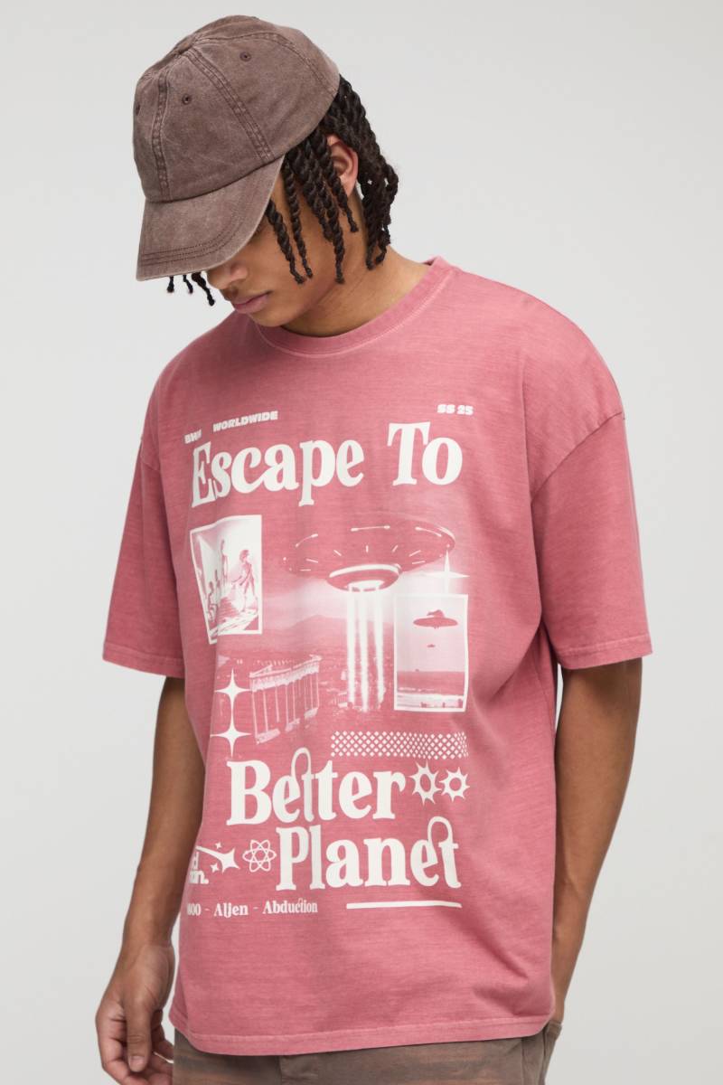 Oversize T-Shirt mit Escape To A Perfect Planet Print - Rot - S, Rot von boohooman