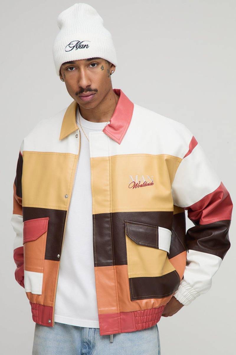 Oversize Colorblock PU-Bomberjacke - Gelb - XS, Gelb von boohooman