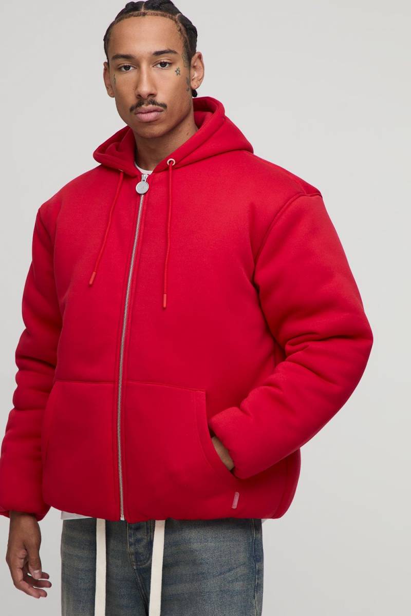 Oversize Jersey-Bomberjacke mit Kapuze - Rot - M, Rot Oversize Jersey-Bomberjacke mit Kapuze - Rot - M, Rot von boohooman