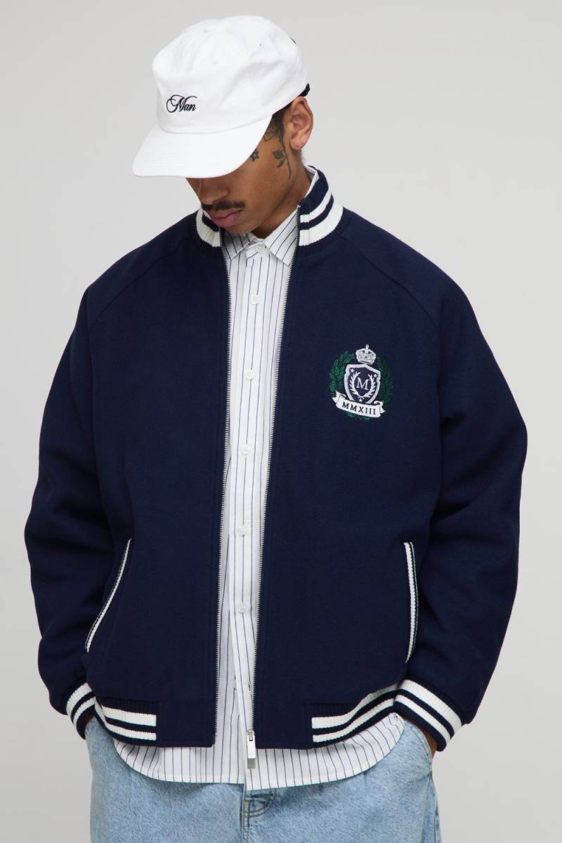 Oversize Melton Bomberjacke mit Trichterkragen - Blau - M, Blau von boohooman