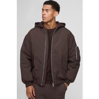 Oversize Nylon Bomberjacke mit Kapuze und PU-Applikation - Braun - XL, Braun von boohooman