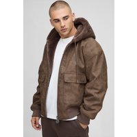 Oversized Fit Reversible PU and Faux Fur Hooded Bomber Jacket - Braun - XS, Braun von boohooman